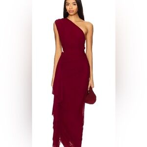 Revolve Superdown Juliet One-Shoulder Maxi Dress in Oxblood.